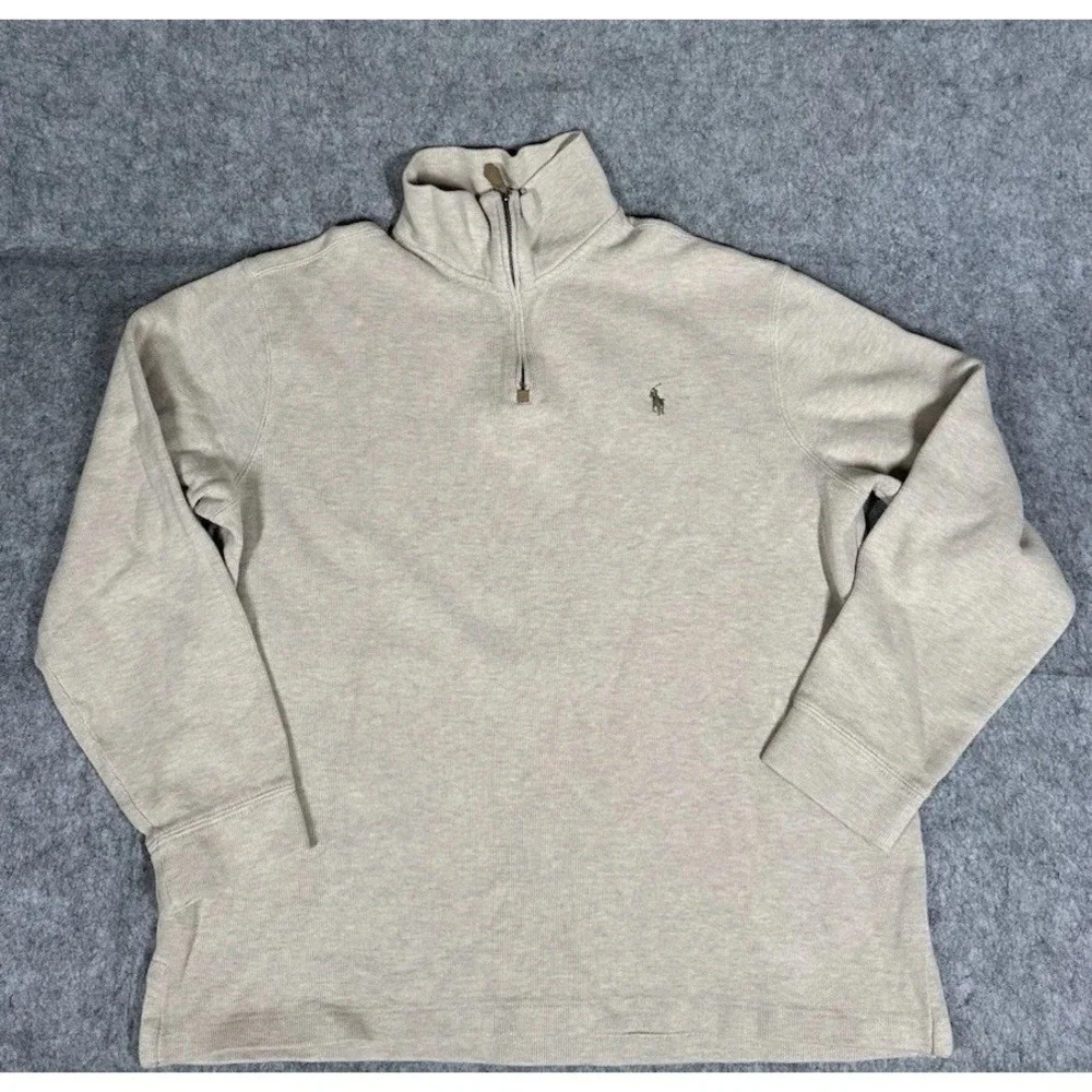 Polo Ralph Lauren Sweater Mens L Beige 1/4 Zip Mock Neck Pullover Pony Logo